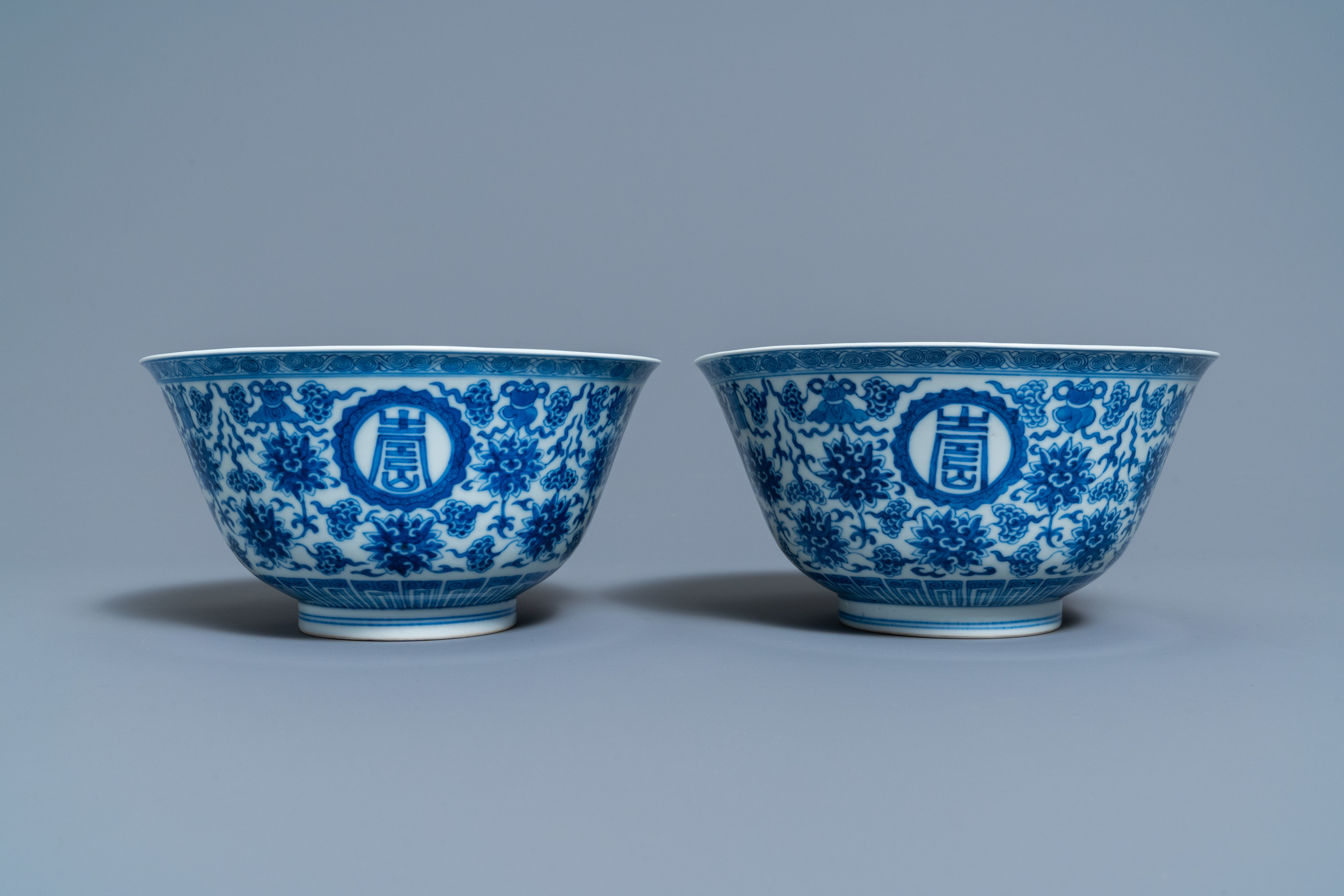 A pair of Chinese blue and white 'wan shou wu jiang' bowls, Qianlong mark and of the period - Image 4 of 9