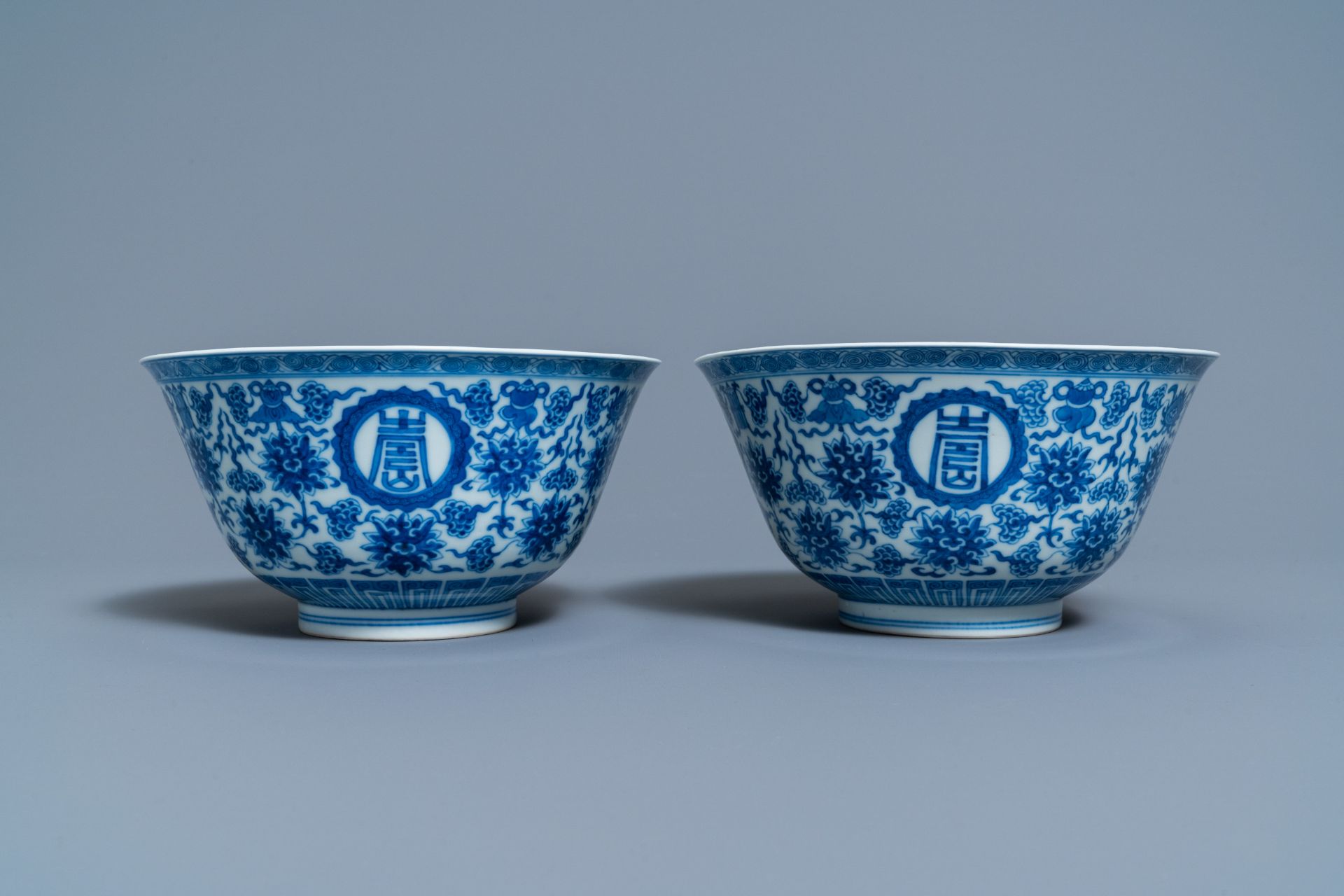 A pair of Chinese blue and white 'wan shou wu jiang' bowls, Qianlong mark and of the period - Image 4 of 9