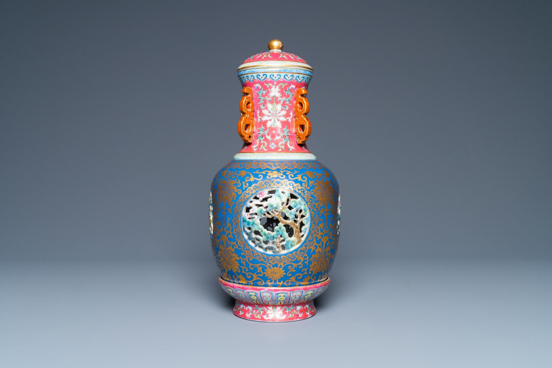 A four-piece Chinese famille rose revolving and reticulated vase, Qianlong mark, Republic - Image 6 of 19