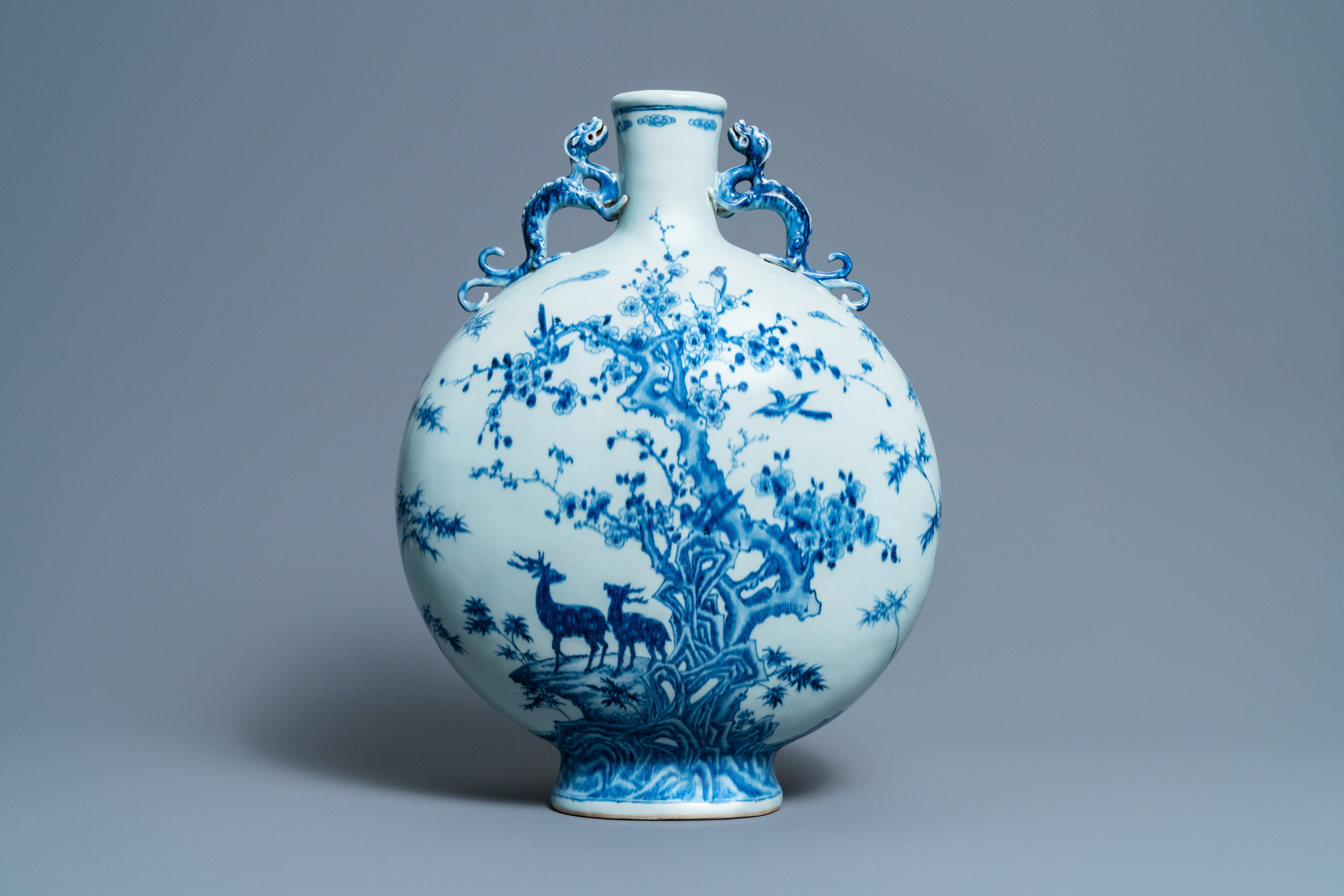 A large Chinese blue and white moonflask 'deer' vase, Qianlong mark and of the period