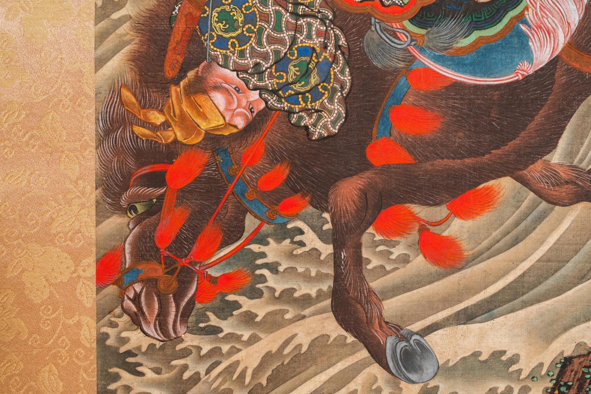 Katsushika Hokusai (Japan, 1760 - 1849), ink and color on silk: Ryubi jumping his horse across a str - Image 7 of 31