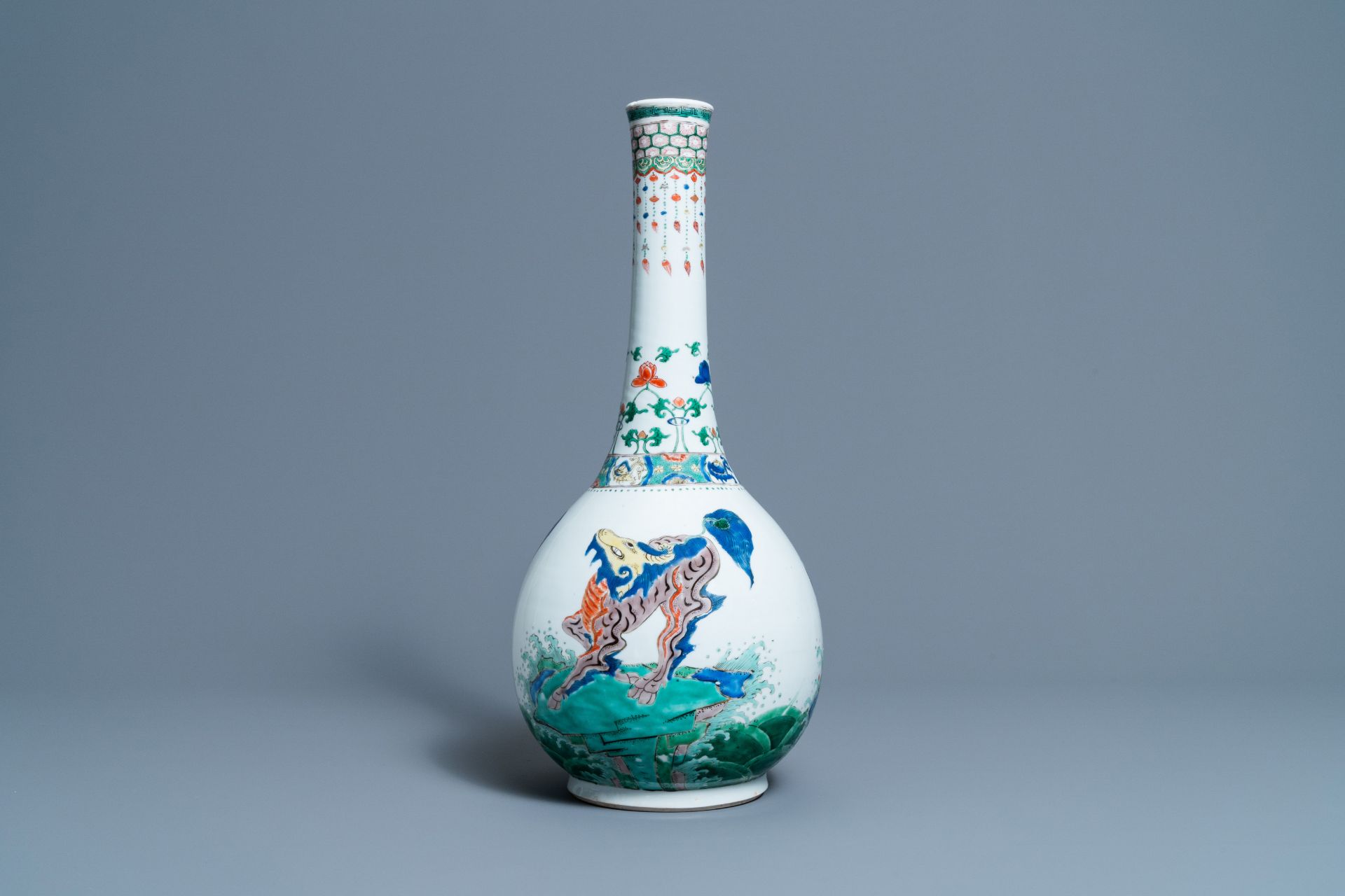 A large Chinese famille verte bottle vase with mythical beasts, Kangxi