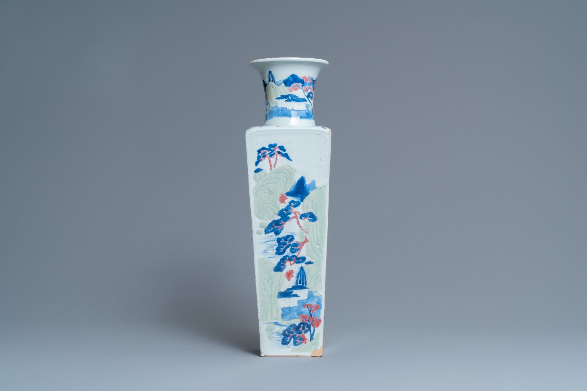 A Chinese blue and white, celadon and copper-red tapering square vase with landscape panels, Kangxi - Image 3 of 6