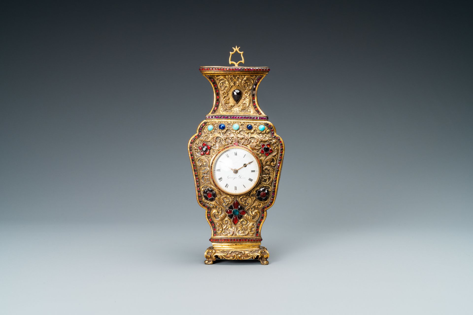 A Chinese semi-precious stone embellished gilt-bronze clock, Canton & Prior of London, Qianlong
