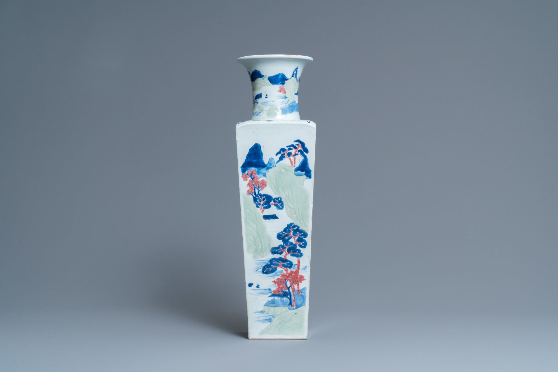 A Chinese blue and white, celadon and copper-red tapering square vase with landscape panels, Kangxi - Image 4 of 6