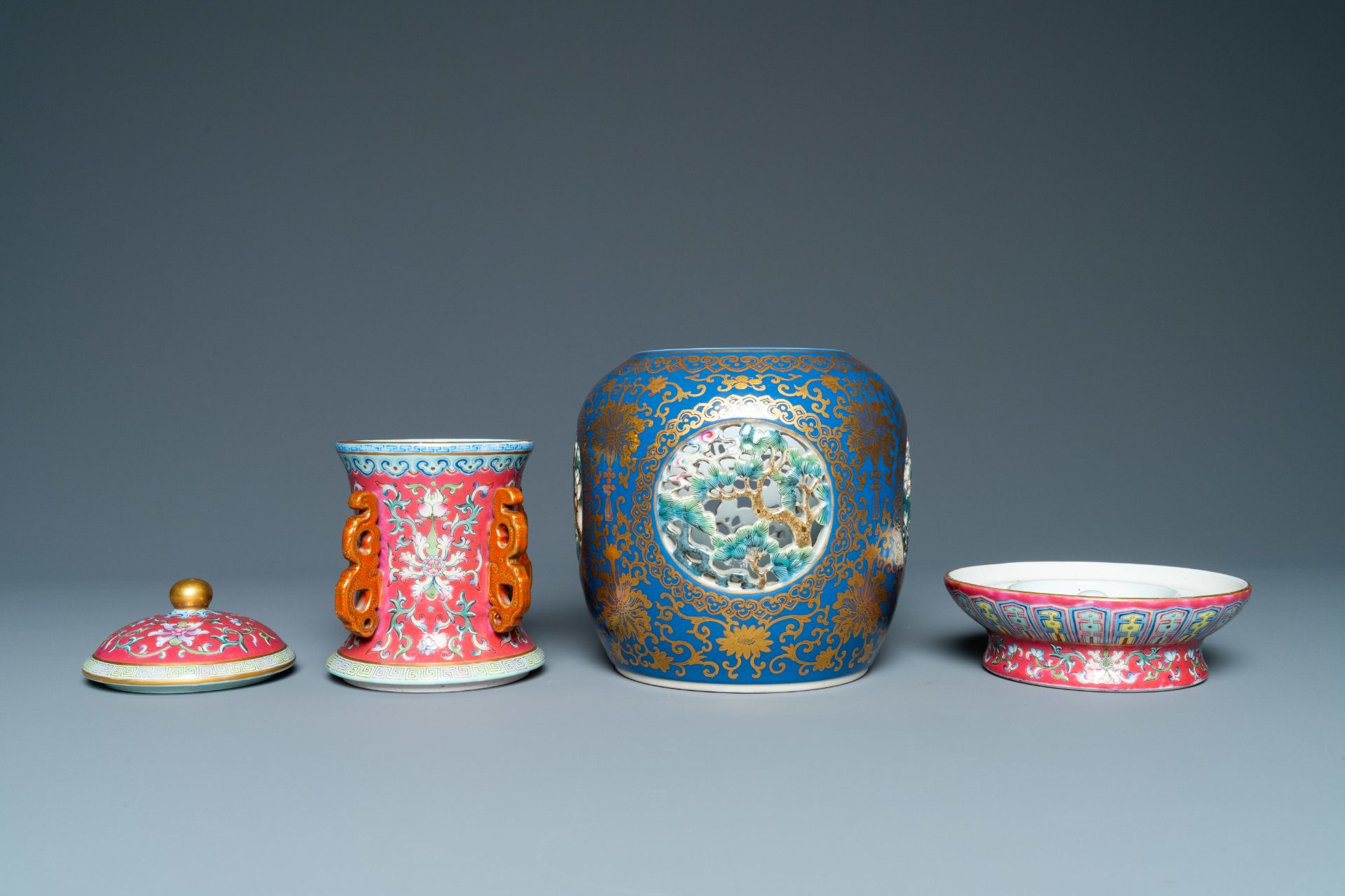 A four-piece Chinese famille rose revolving and reticulated vase, Qianlong mark, Republic - Image 7 of 19