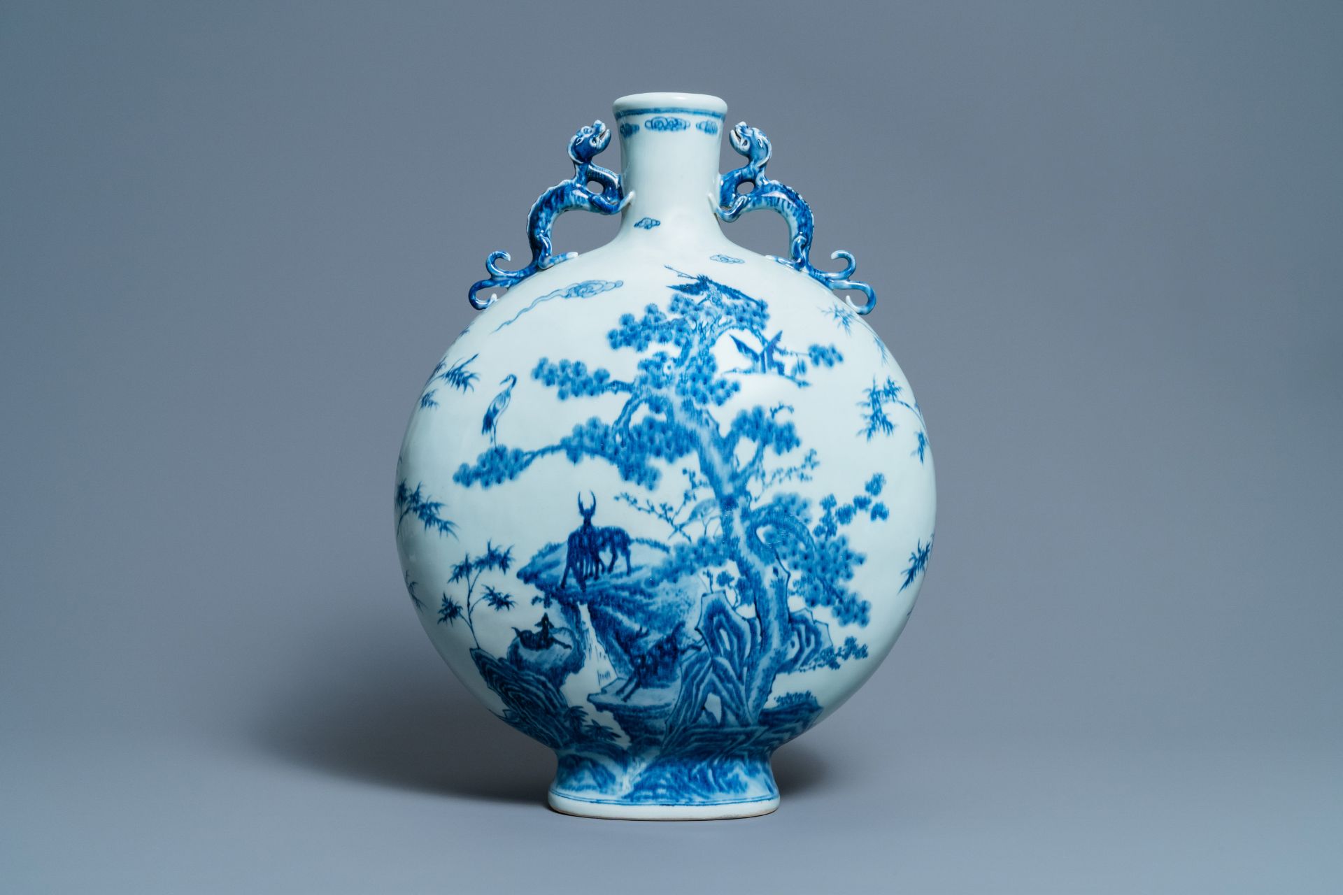 A large Chinese blue and white moonflask 'deer' vase, Qianlong mark and of the period - Image 3 of 11