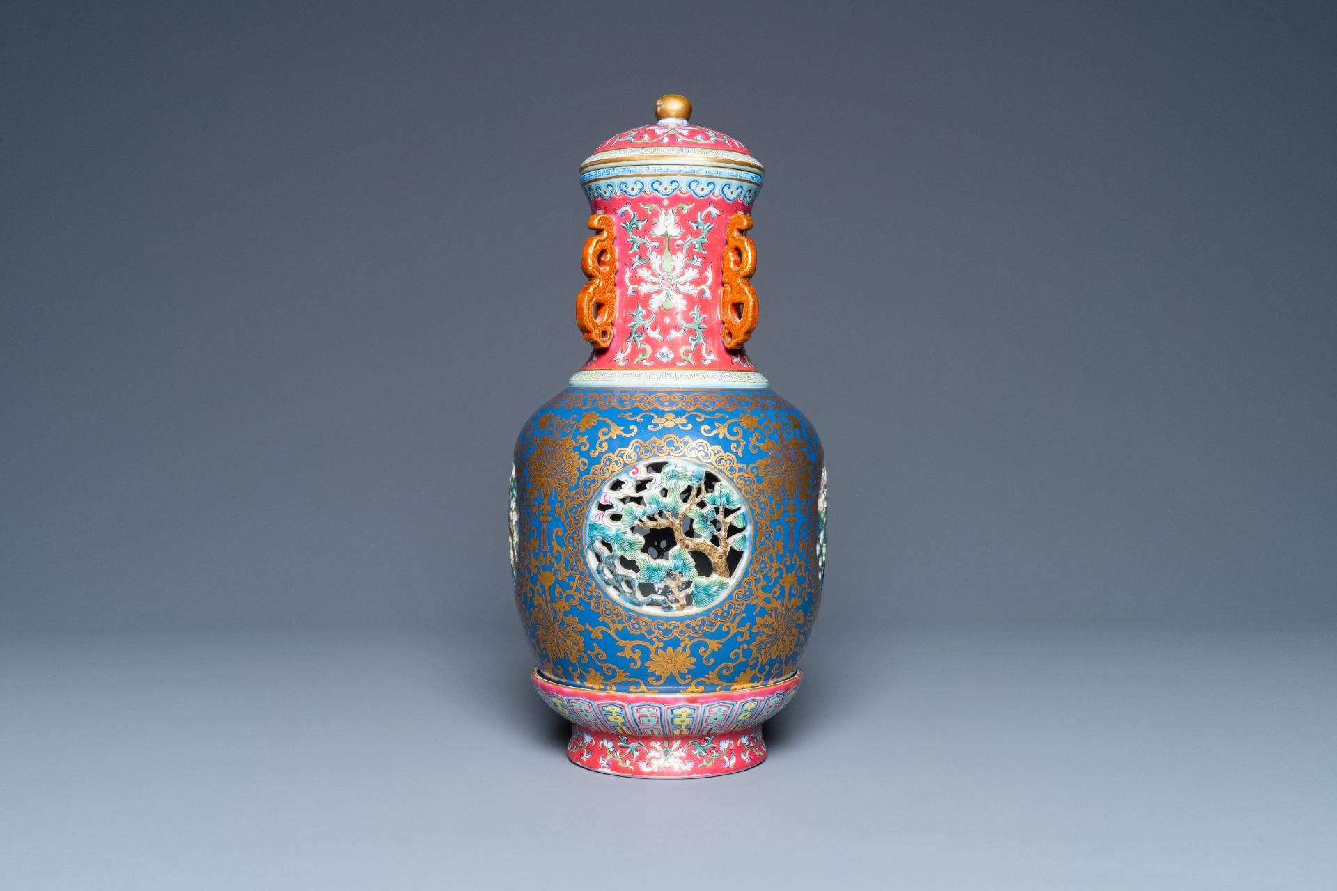 A four-piece Chinese famille rose revolving and reticulated vase, Qianlong mark, Republic - Image 3 of 19