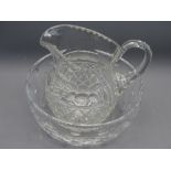 HOBNAIL CUT GLASS WATER JUG and a circular dimple cut fruit bowl