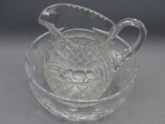 HOBNAIL CUT GLASS WATER JUG and a circular dimple cut fruit bowl