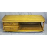 ERCOL MID-TONE WHEELED COFFEE TABLE/ENTERTAINMENT TROLLEY with two lower opening drawers and