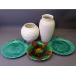 PILKINGTON'S ROYAL LANCASTRIAN, Wedgwood Majolica and Green Leaf ware, two white matt vases and