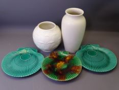 PILKINGTON'S ROYAL LANCASTRIAN, Wedgwood Majolica and Green Leaf ware, two white matt vases and