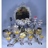EPNS - candelabra, goblets and a brass oval swing dressing table mirror ETC