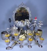 EPNS - candelabra, goblets and a brass oval swing dressing table mirror ETC