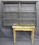 ANTIQUE OAK OPEN DELFT RACK and a vintage pine rectangular top table, 102cms H, 137cms W, 41cms D