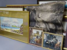 FAIRFAX CAMERON watercolour - coastal scene with boats and seagulls to the foreground, 50 x 23cms