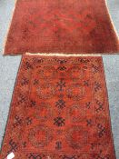 EASTERN STYLE RED GROUND SCATTER RUGS (2) multi-bordered with repeating central block patterns,