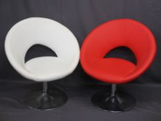 TWO ULTRA MODERN LEATHER EFFECT & CHROME SWIVEL ARMCHAIRS, one red, one white, 77.5cms H, 72cms W,