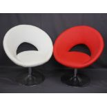 TWO ULTRA MODERN LEATHER EFFECT & CHROME SWIVEL ARMCHAIRS, one red, one white, 77.5cms H, 72cms W,