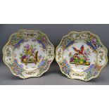 FINE PAIR OF COLOURFUL MEISSEN DISPLAY PLATES, the pattern being a variation on the bird and spaniel