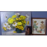 MARION CHAPMAN oil on board, unframed - still life flowers in a vase, a framed print - two little