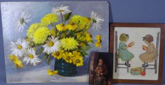 MARION CHAPMAN oil on board, unframed - still life flowers in a vase, a framed print - two little