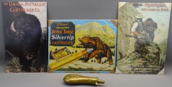 RIFLE/SHOOTING MEMORABILIA, four items including a copper and brass powder flask, stamped 'James