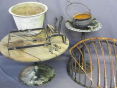 VINTAGE METALWARE/GARDEN ITEMS to include two hay feeders, an iron cauldron and a pair of fire dogs,