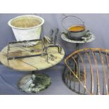 VINTAGE METALWARE/GARDEN ITEMS to include two hay feeders, an iron cauldron and a pair of fire dogs,