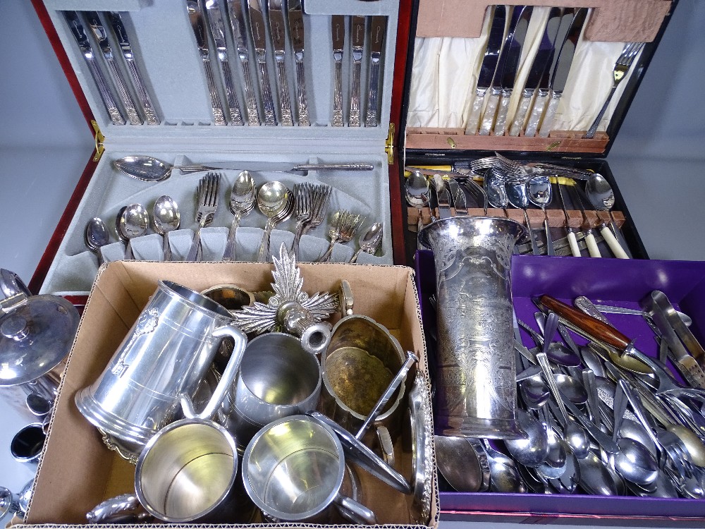 VINER'S PART CUTLERY SET (BOXED), further loose cutlery, tankards and other plated ware