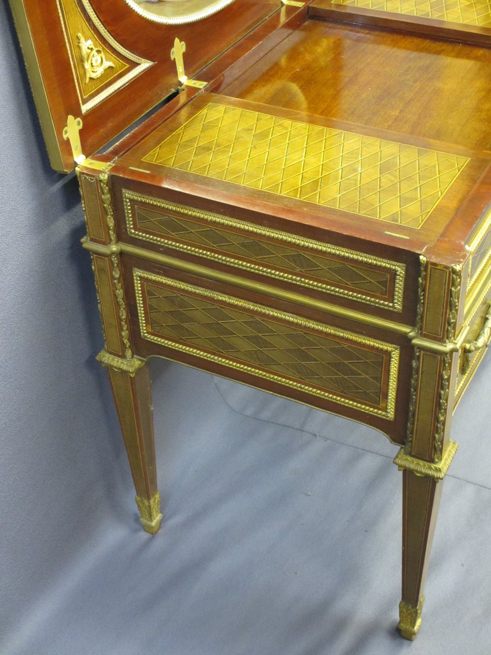 LOUIS XVI STYLE KINGWOOD, INLAID & GILT ORMOLU WRITING DESK, the gilt brass rectangular top with - Image 9 of 12