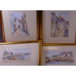 M KITCHING watercolours (4) - Cornish village scenes, 10 x 15cms (2) and 15 x 10cms (2)