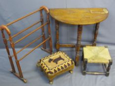 VINTAGE FURNITURE PARCEL, four items including a D shaped hall table on turned supports, stained