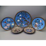 CLOISONNE - charger and plates, blue ground, floral and bird decorated, 30cms, two blue ground