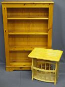 MODERN PINE BOOKCASE & A LIGHT WOOD MAGAZINE TABLE, 122cms H, 83cms W, 29.5cms D and 46cms H, 48.