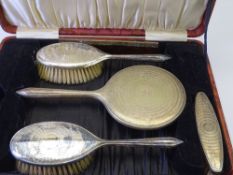 CASED FIVE PIECE ELECTROPLATED BRUSH (3), COMB(1) & HAND MIRROR(1) SET