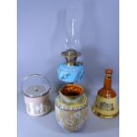 WEDGWOOD JASPERWARE A BISCUIT BARREL, Doulton Slaters vase, a brass based oil lamp and a Wade