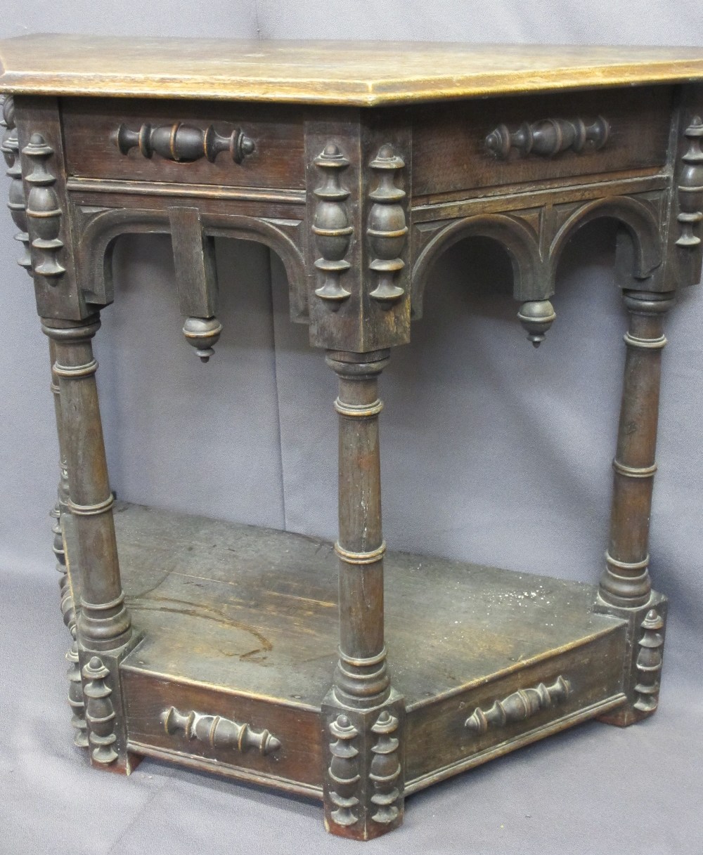 VINTAGE OAK GOTHIC STYLE HALL TABLE, shaped top with single front drawer and arched apron on - Image 3 of 3