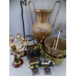 VINTAGE COPPER, BRASSWARE, modern candle holders and two copper effect ballerina figurines