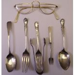 PARCEL OF SILVER CUTLERY - pair of sugar tongs, two teaspoons, two forks and a small pickle fork,