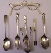 PARCEL OF SILVER CUTLERY - pair of sugar tongs, two teaspoons, two forks and a small pickle fork,