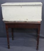 ANTIQUE PINE CAPTAIN'S CHEST and a stained rectangular top farmhouse table, 42cms H, 99cms W, 48.