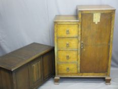 VINTAGE OAK TALLBOY and a lidded blanket chest with linenfold detail, 117cms H, 87cms max W, 43cms D