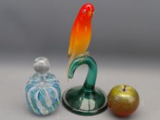 VENETIAN GLASS STYLE CIRCULAR BASED PERCHED PARROT ORNAMENT on a green base with pontil mark,