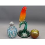 VENETIAN GLASS STYLE CIRCULAR BASED PERCHED PARROT ORNAMENT on a green base with pontil mark,