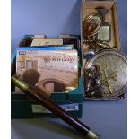 LEATHER BOUND VINTAGE BRASS TELESCOPE, a quantity of brassware and an assortment of classical LPs