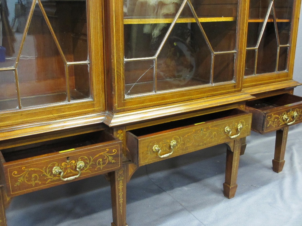 EDWARDIAN SHERATON STYLE INLAID BREAKFRONT BOOKCASE/CABINET having three lower drawers on square - Image 3 of 5