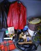 HOUSEHOLD PARCEL including a cast pan stand, leather jacket and two boxes of miscellaneous household