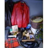 HOUSEHOLD PARCEL including a cast pan stand, leather jacket and two boxes of miscellaneous household